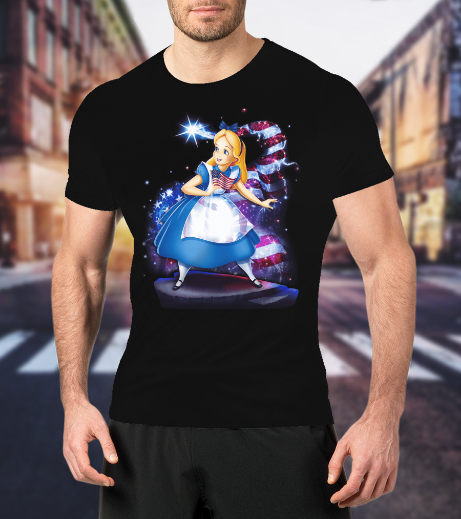 Alice Holding American Flag In Wonderland With Stars And Stripes Background T-Shirt