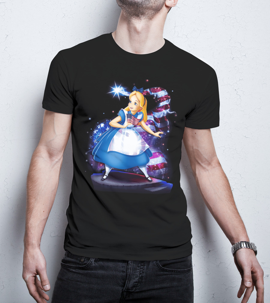 Alice Holding American Flag In Wonderland With Stars And Stripes Background T-Shirt