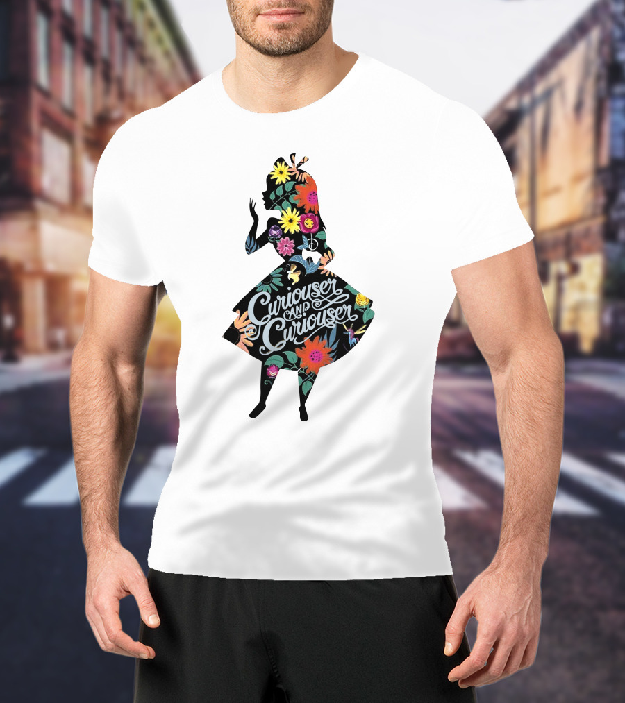 Curiouser And Curiouser Alice Silhouette With Colorful Floral T-Shirt