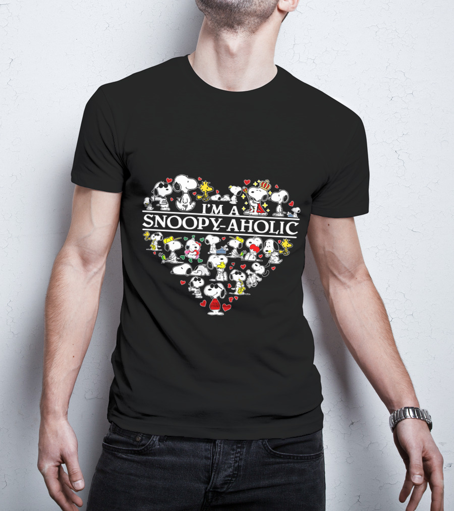 I'm A Snoopy-Aholic Peanuts Heart Collage Of Snoopy And Woodstock With Love Hearts T-Shirt