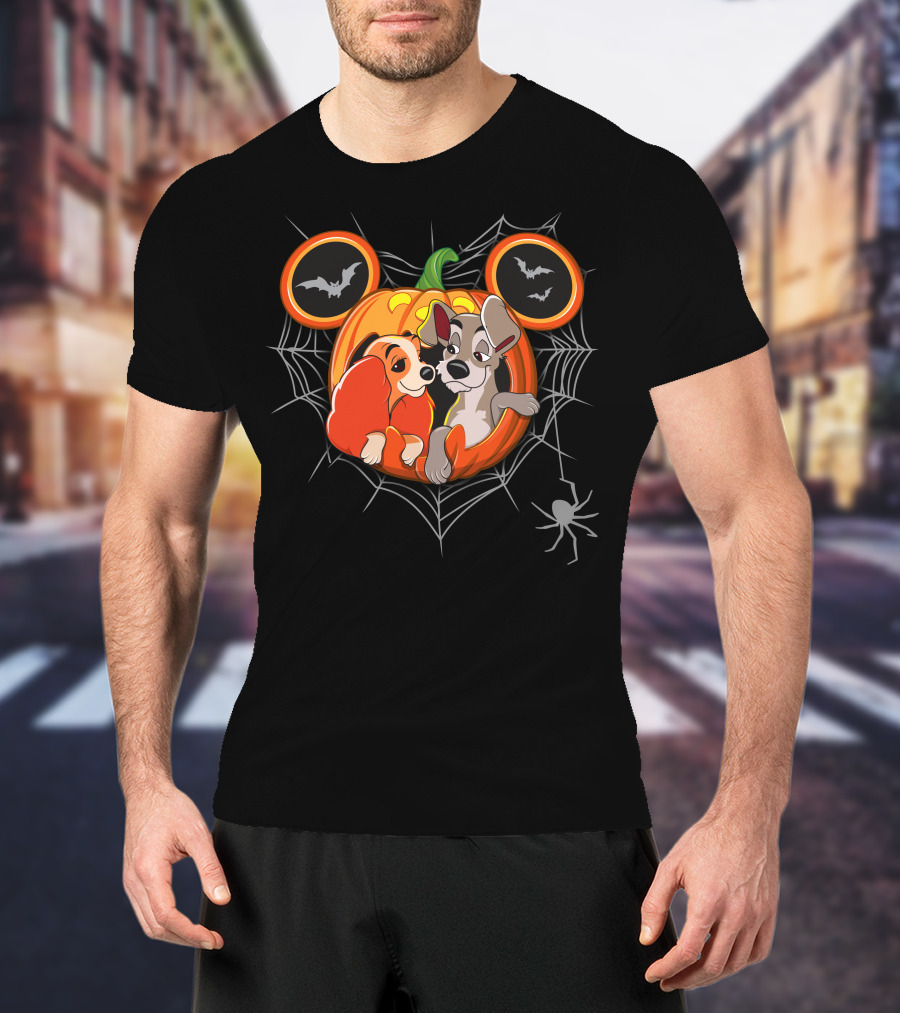 Lady And The Tramp Halloween Pumpkin With Spider Web And Bats T-Shirt