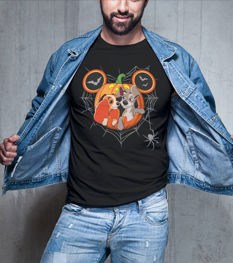 Lady And The Tramp Halloween Pumpkin With Spider Web And Bats T-Shirt