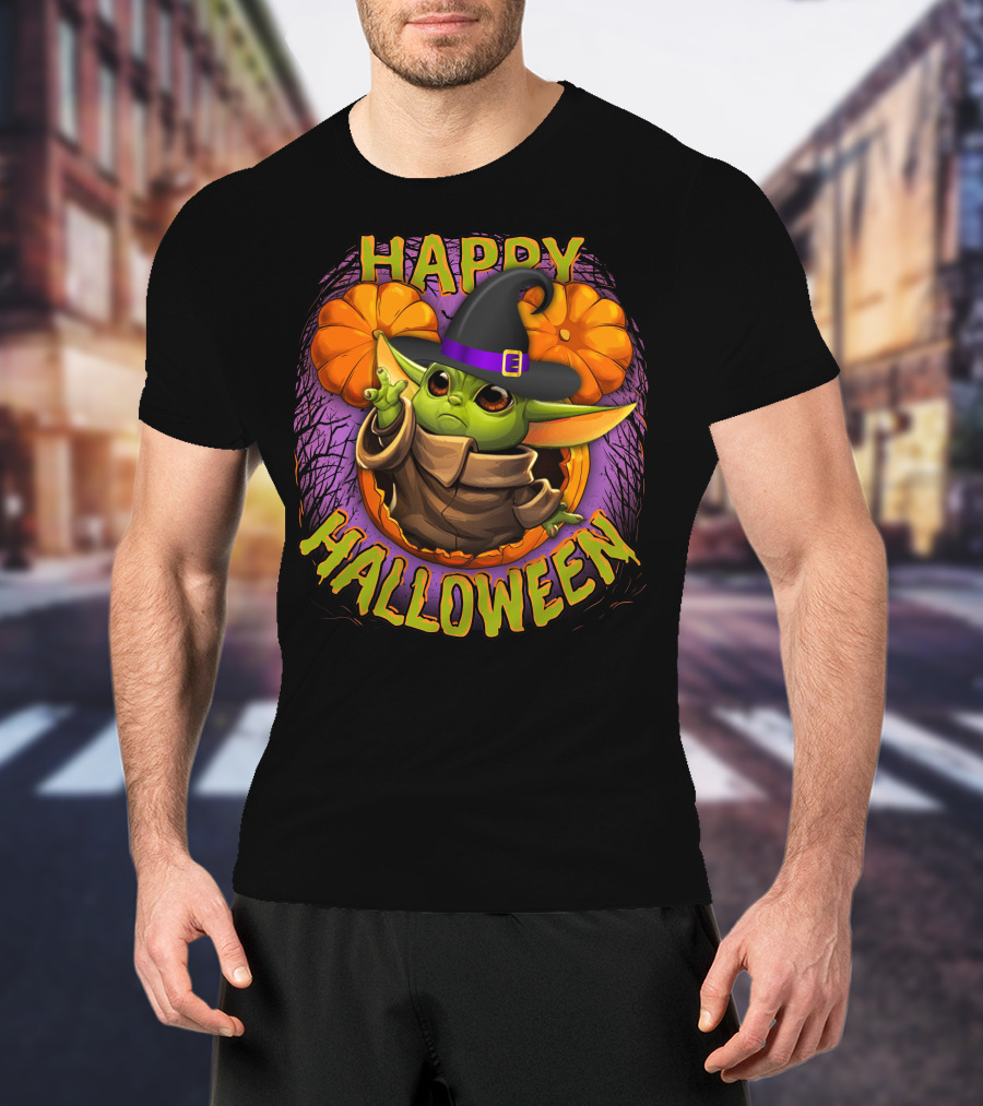 Happy Halloween Baby Yoda Magic Pumpkin Wizard Hat T-Shirt