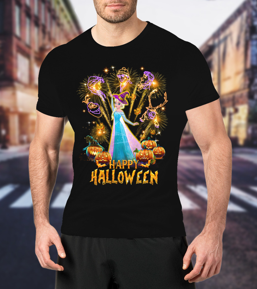 Elsa Happy Halloween With Fireworks And Pumpkins T-Shirt