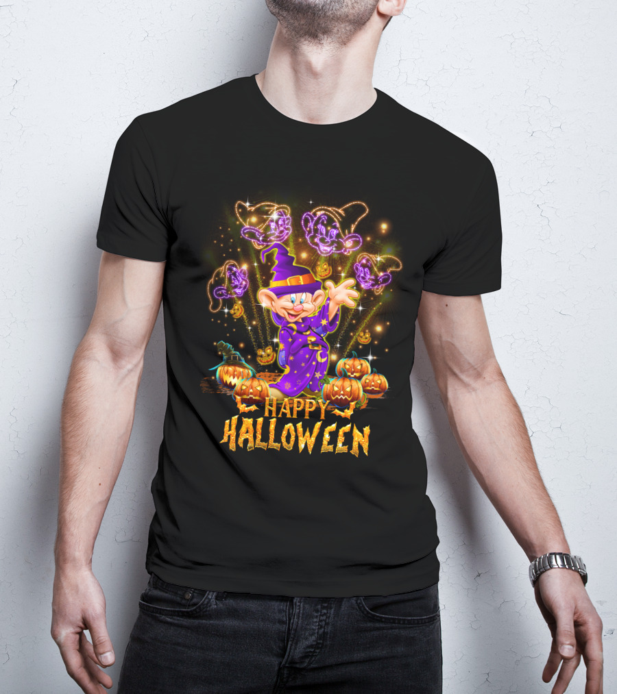 Happy Halloween Dopey In Wizard Hat With Fireworks And Pumpkins T-Shirt