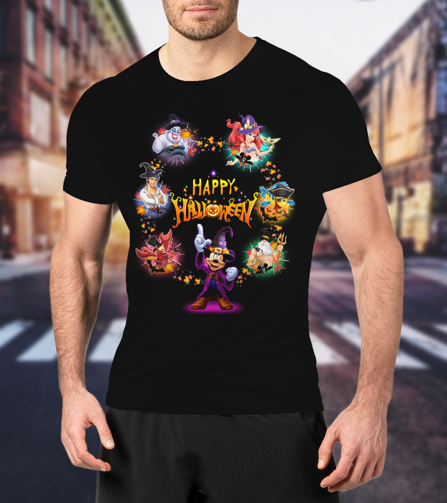 Happy Halloween Mickey Ariel Ursula Sebastian Pirate Captain Hook Disney Characters T-Shirt