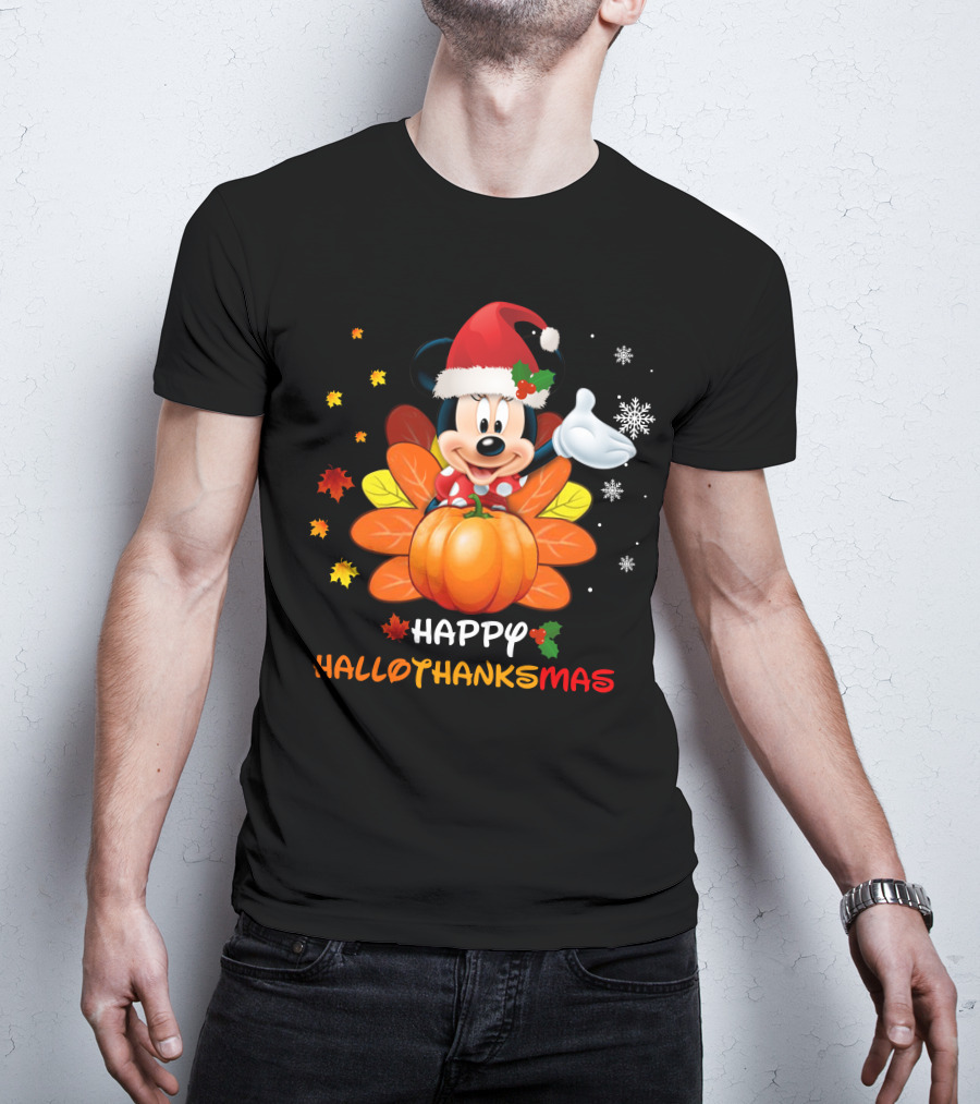 Happy Hallothankmas Minnie With Pumpkin And Santa Hat T-Shirt