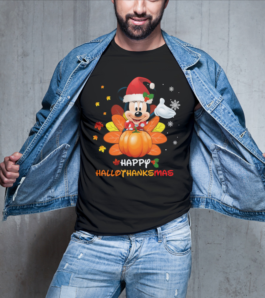 Happy Hallothankmas Minnie With Pumpkin And Santa Hat T-Shirt