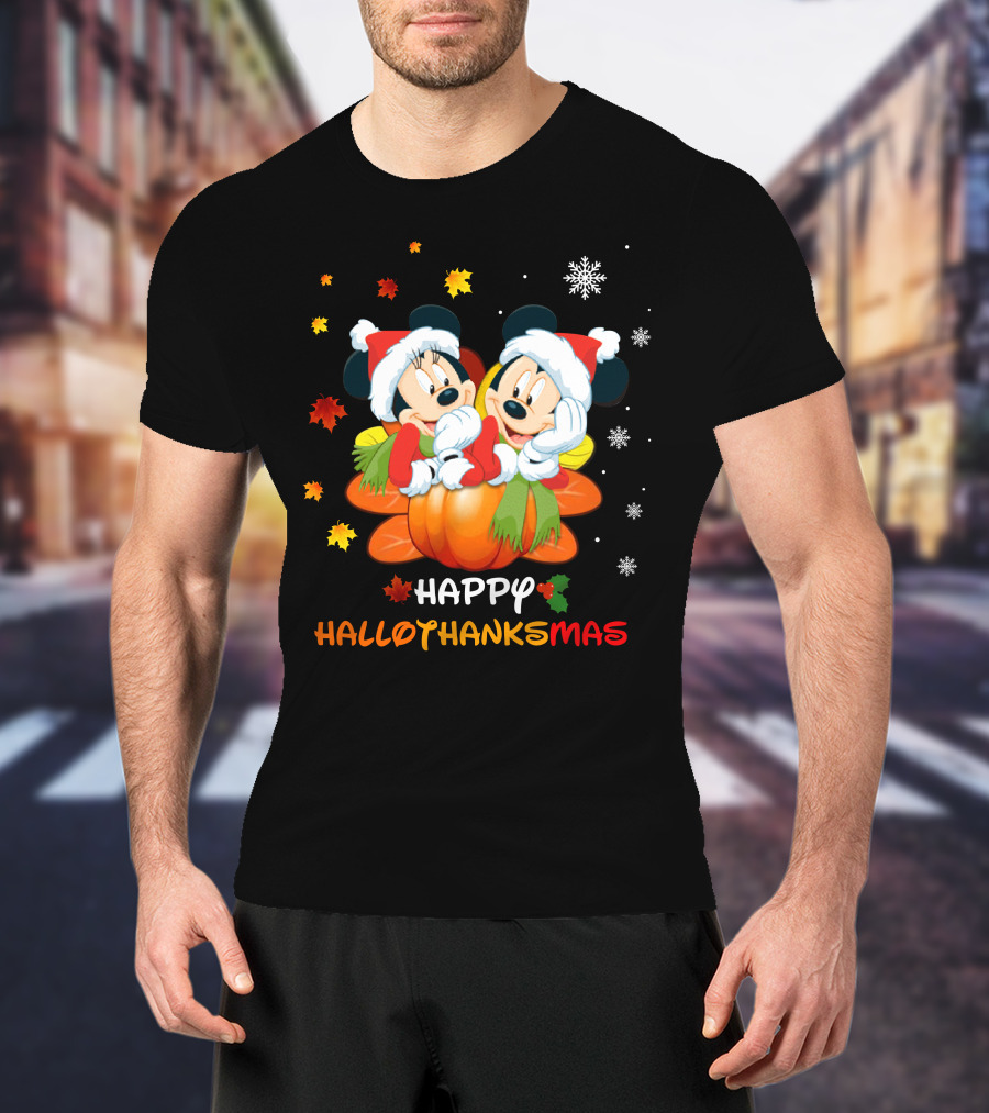 Happy Mickey And Minnie Hallothankmas Snowflakes Pumpkins Leaves T-Shirt