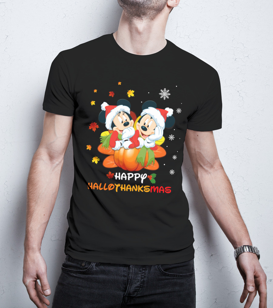 Happy Mickey And Minnie Hallothankmas Snowflakes Pumpkins Leaves T-Shirt