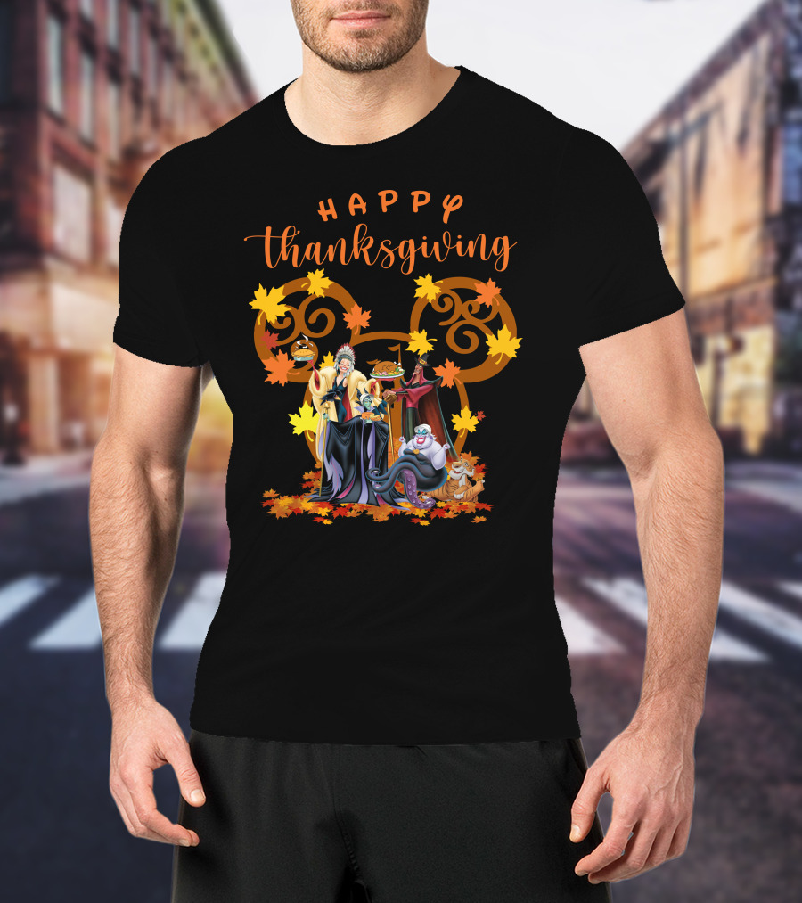 Happy Thanksgiving Disney Villains With Mickey Mouse Leaf Background T-Shirt