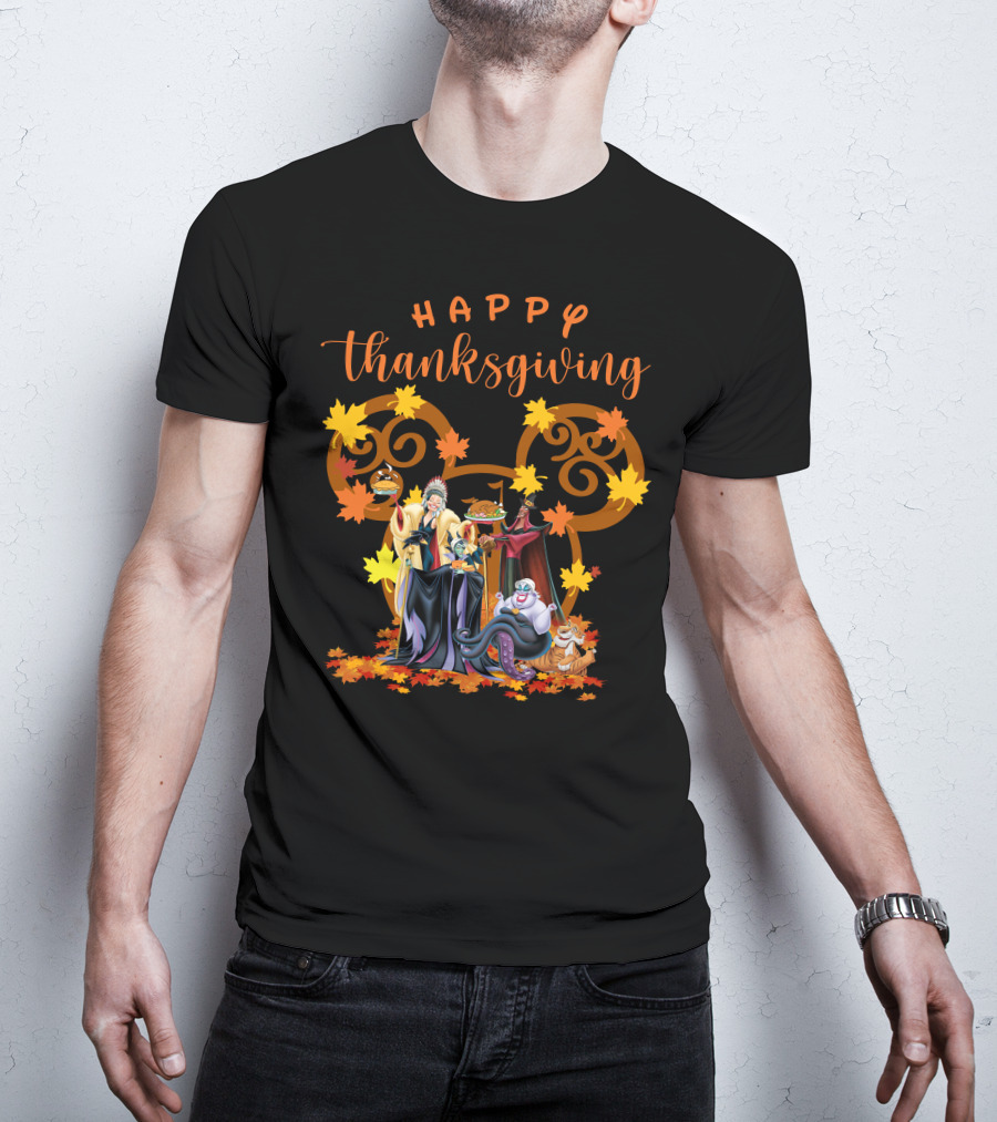 Happy Thanksgiving Disney Villains With Mickey Mouse Leaf Background T-Shirt