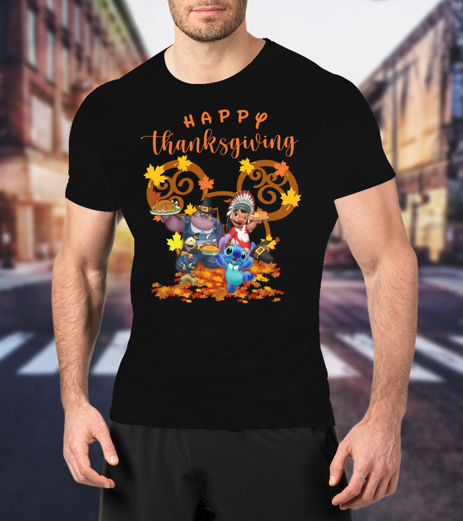 Lilo And Stitch Happy Thanksgiving With Characters And Autumn Leaves T-Shirt