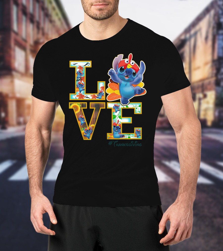 LOVE Stitch Happy Thanksgiving Turkey Costume Autumn Leaves T-Shirt