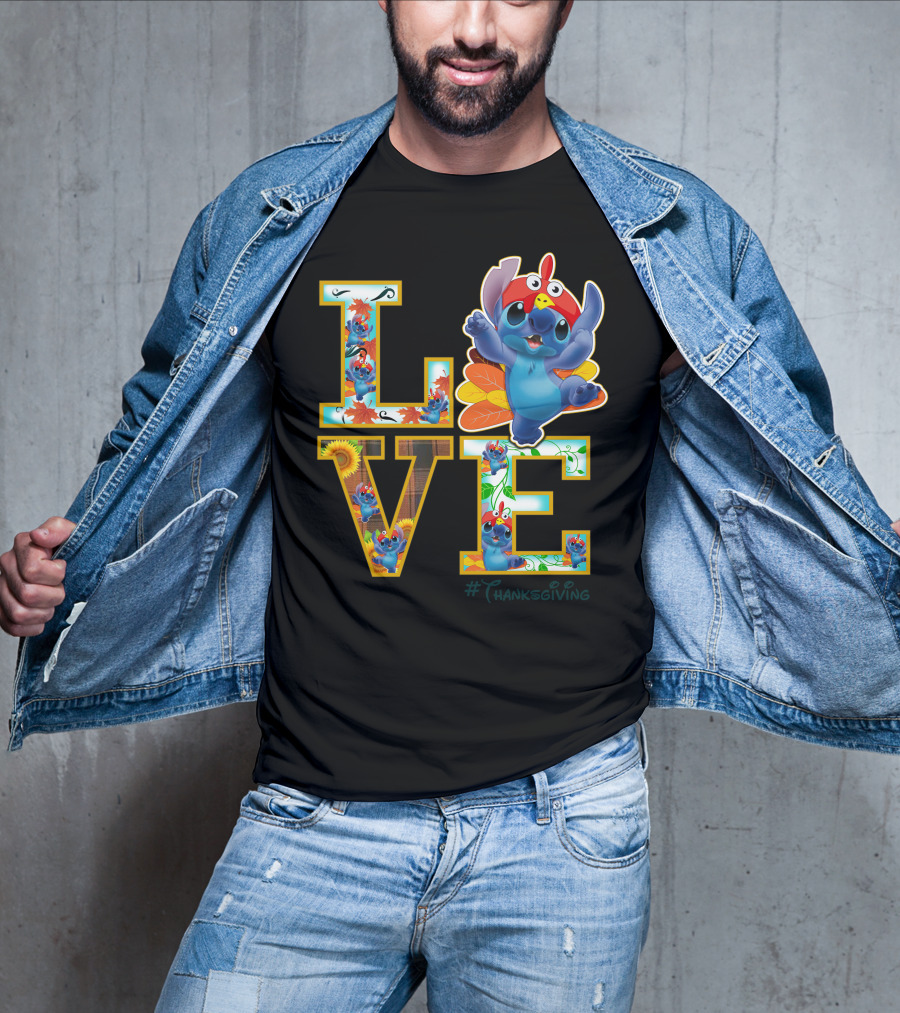 LOVE Stitch Happy Thanksgiving Turkey Costume Autumn Leaves T-Shirt