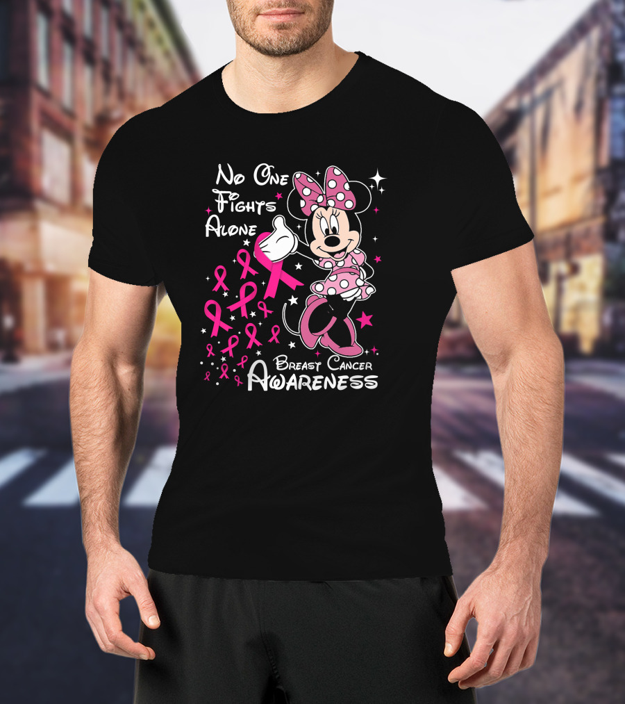 No One Fights Alone Breast Cancer Awareness Minnie Mouse Pink T-Shirt