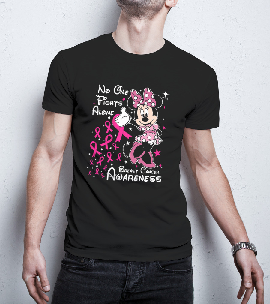 No One Fights Alone Breast Cancer Awareness Minnie Mouse Pink T-Shirt