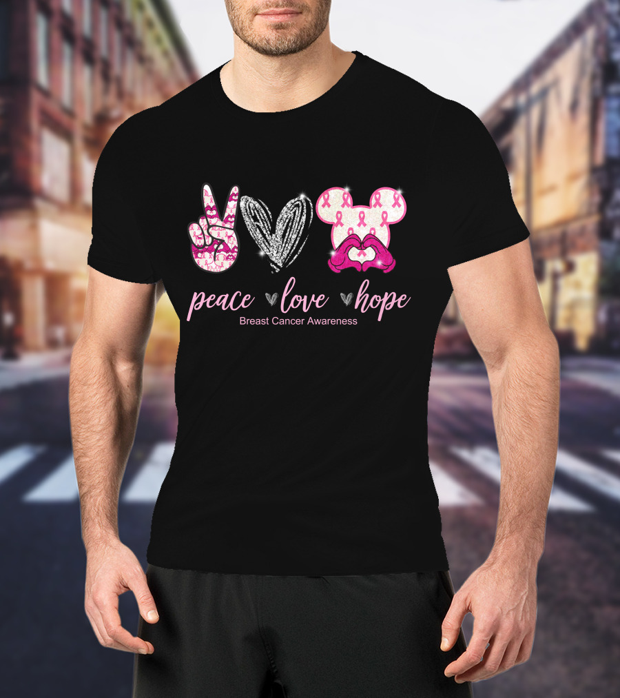 Peace Love Hope Breast Cancer Awareness Pink Ribbon Mickey T-Shirt