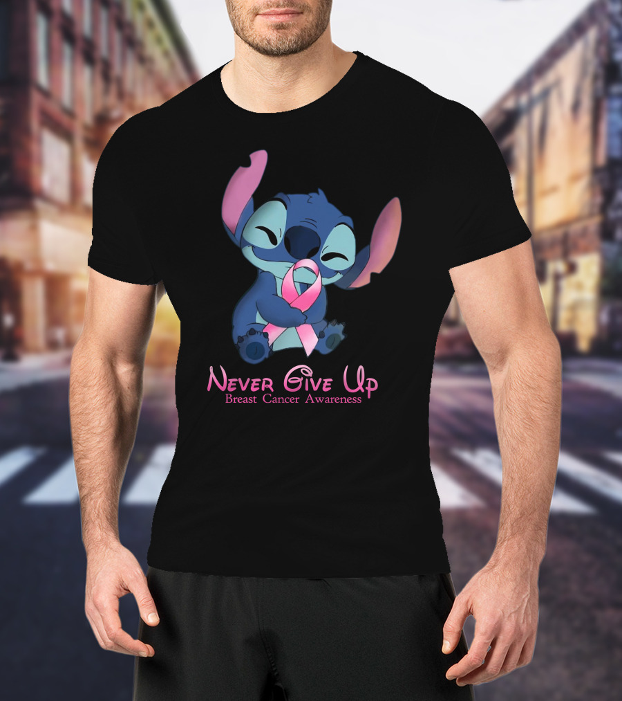 Never Give Up Breast Cancer Awareness Stitch Embrace T-Shirt