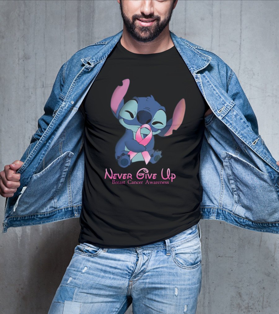 Never Give Up Breast Cancer Awareness Stitch Embrace T-Shirt