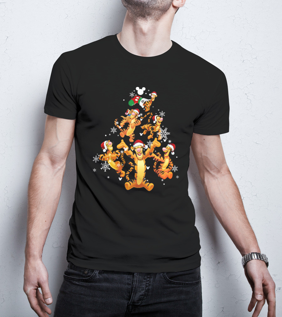 Tigger Christmas Tree Snowflakes Santa Hats Disney Mickey Icons T-Shirt