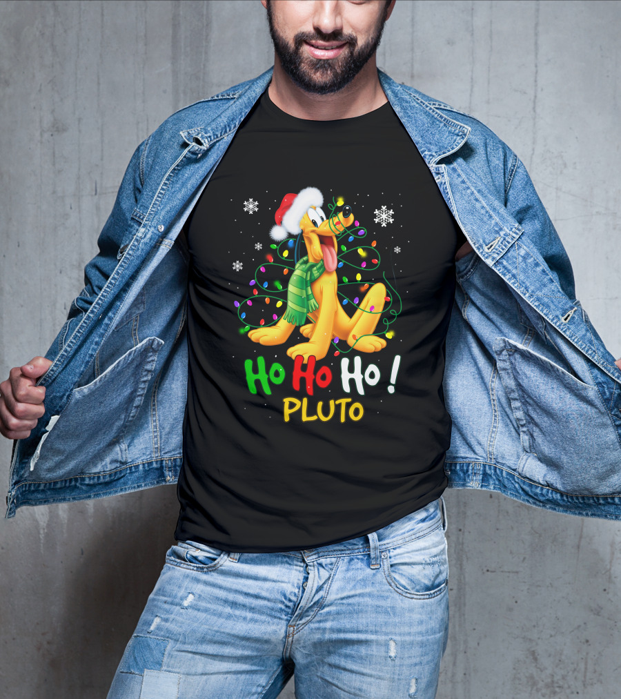 Ho Ho Ho Pluto Christmas Lights Santa Hat Snowflakes Scarf T-Shirt