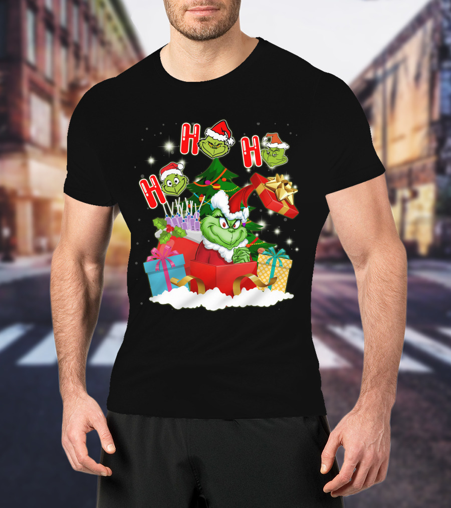 Grinch Christmas Ho Ho Ho Presents Tree Gifts Holiday Scene T-Shirt