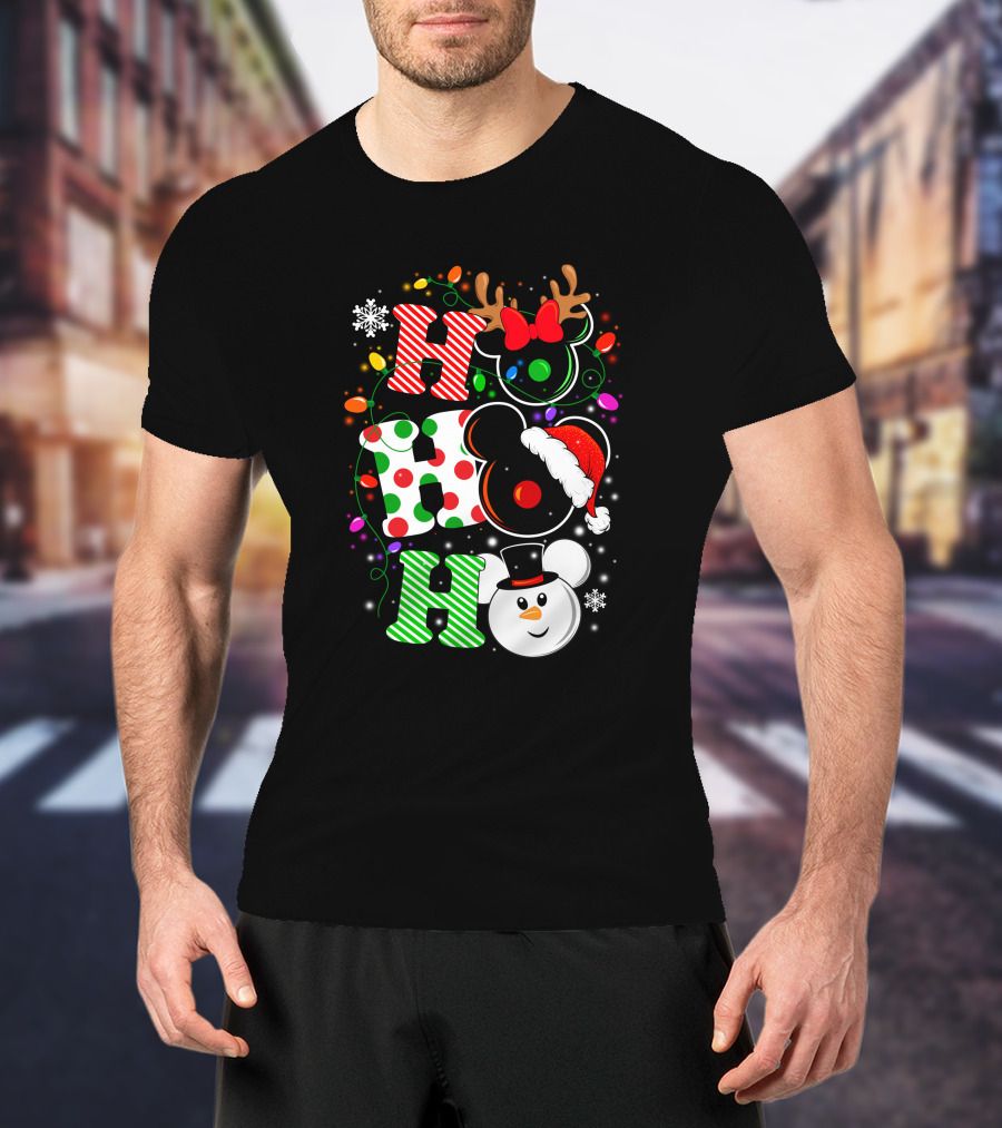 HHH Christmas Ho Ho Ho Disney Snowman Reindeer Ears Santa Hat Lights Bow T-Shirt