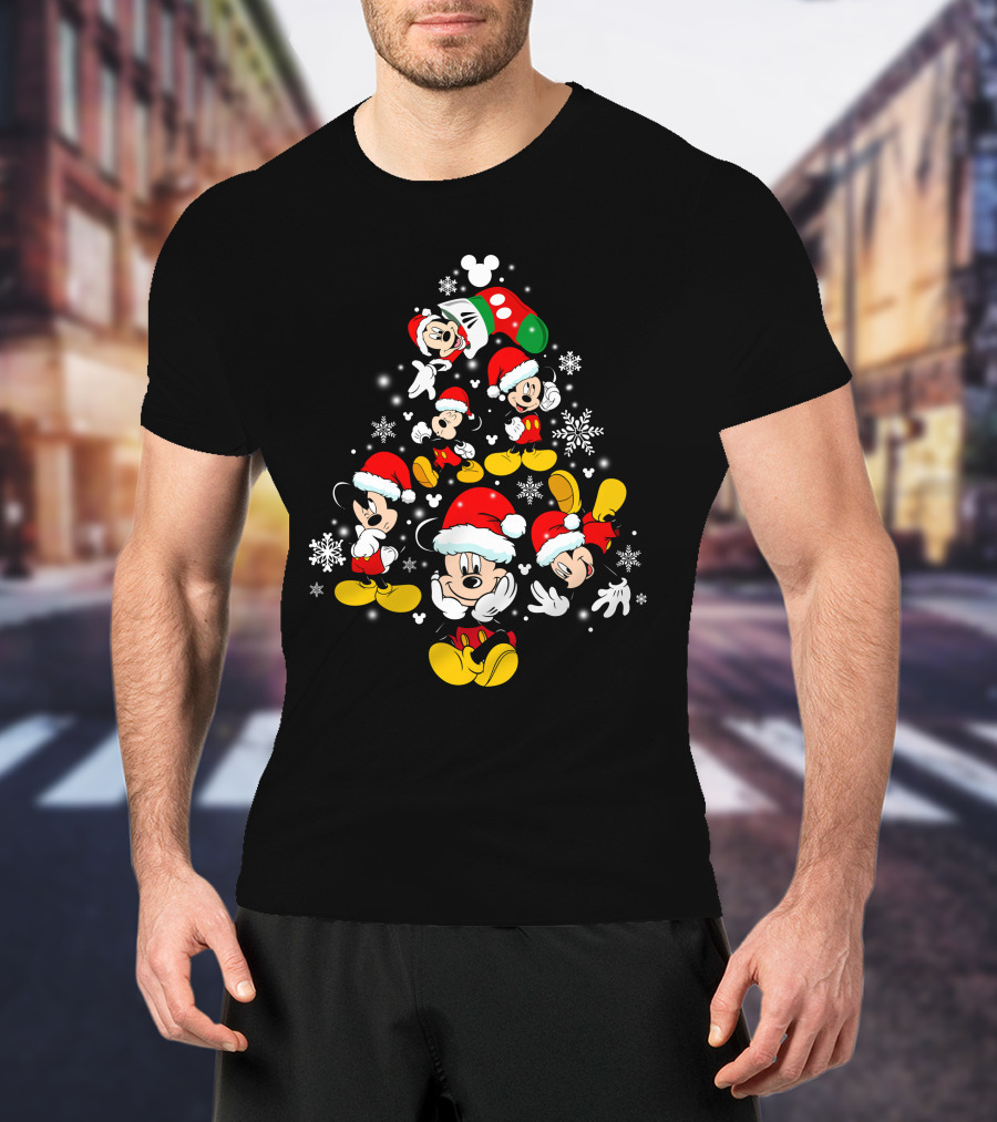 MK Tree Christmas Mickey Mouse Santa Snowflakes T-Shirt