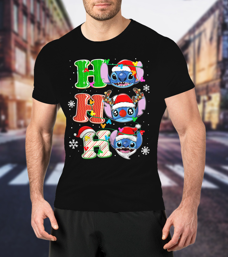 ST HHH Christmas Ho Ho Ho Stitch Holiday Sweater Santa Hat Snowflakes T-Shirt