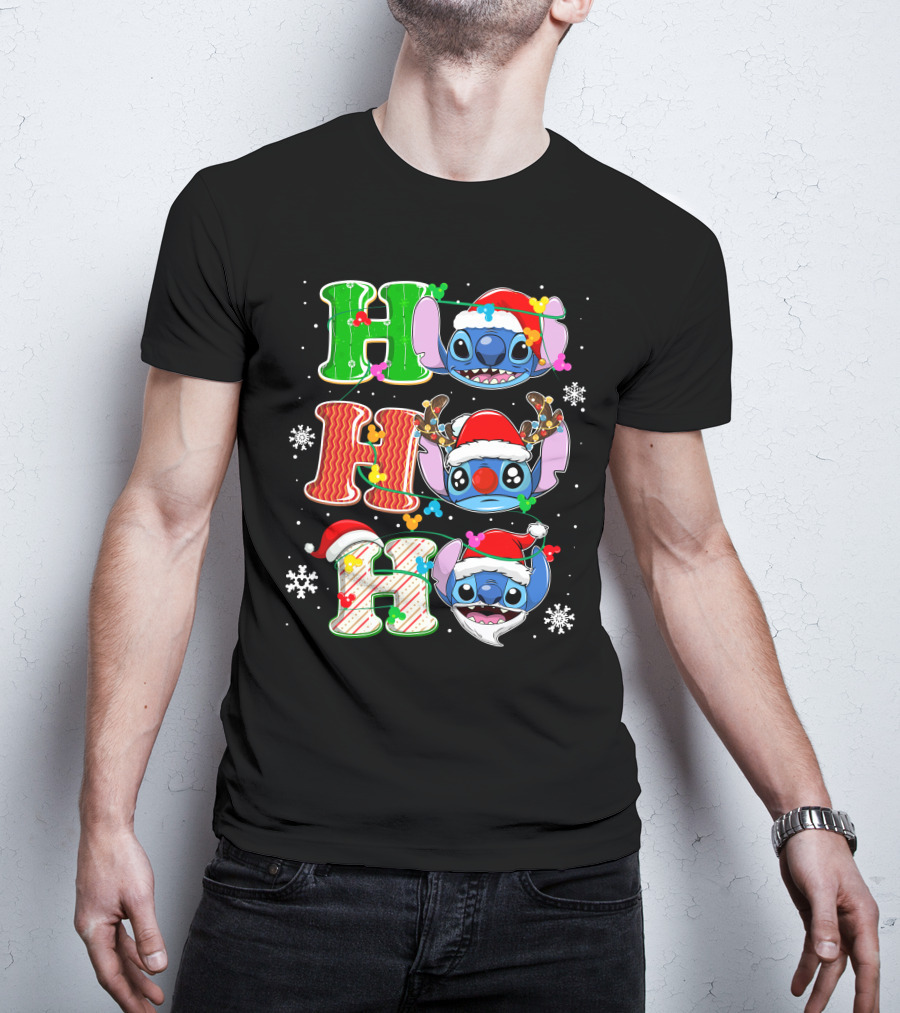 ST HHH Christmas Ho Ho Ho Stitch Holiday Sweater Santa Hat Snowflakes T-Shirt