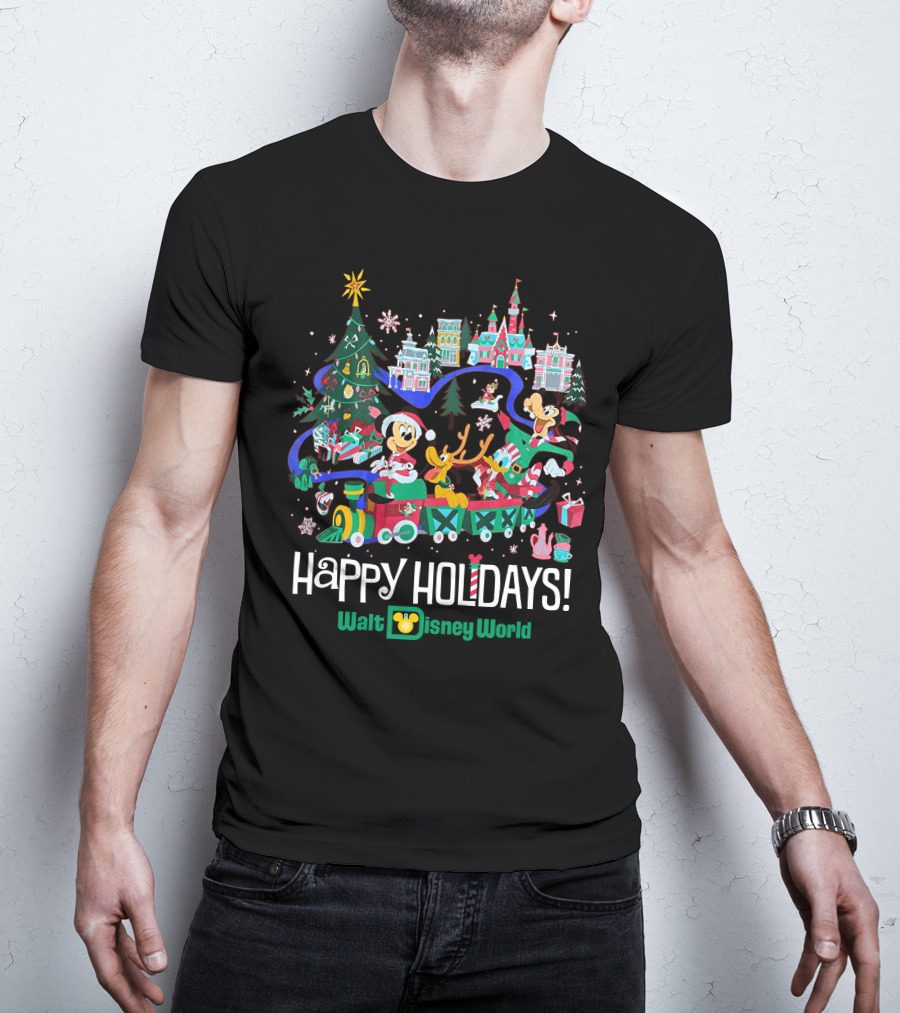 Walt Disney World Happy Holidays Christmas Mickey And Friends Festive Scene T-Shirt