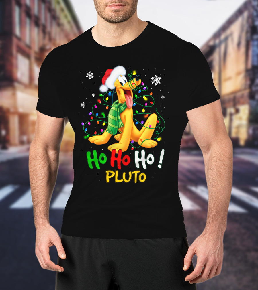 Pluto Ho Ho Ho Christmas Lights Santa Hat T-Shirt