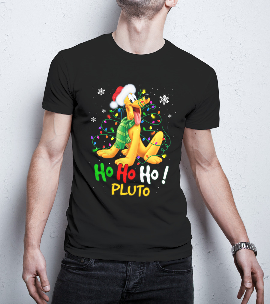 Pluto Ho Ho Ho Christmas Lights Santa Hat T-Shirt