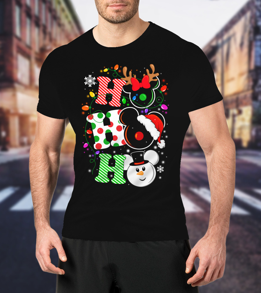 Disney Hohoho Christmas Mickey Mouse Holiday Lights Santa Hat Snowman Antlers T-Shirt