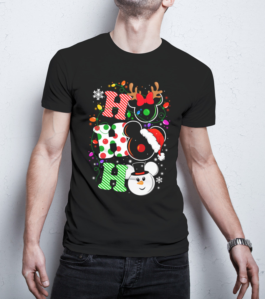 Disney Hohoho Christmas Mickey Mouse Holiday Lights Santa Hat Snowman Antlers T-Shirt