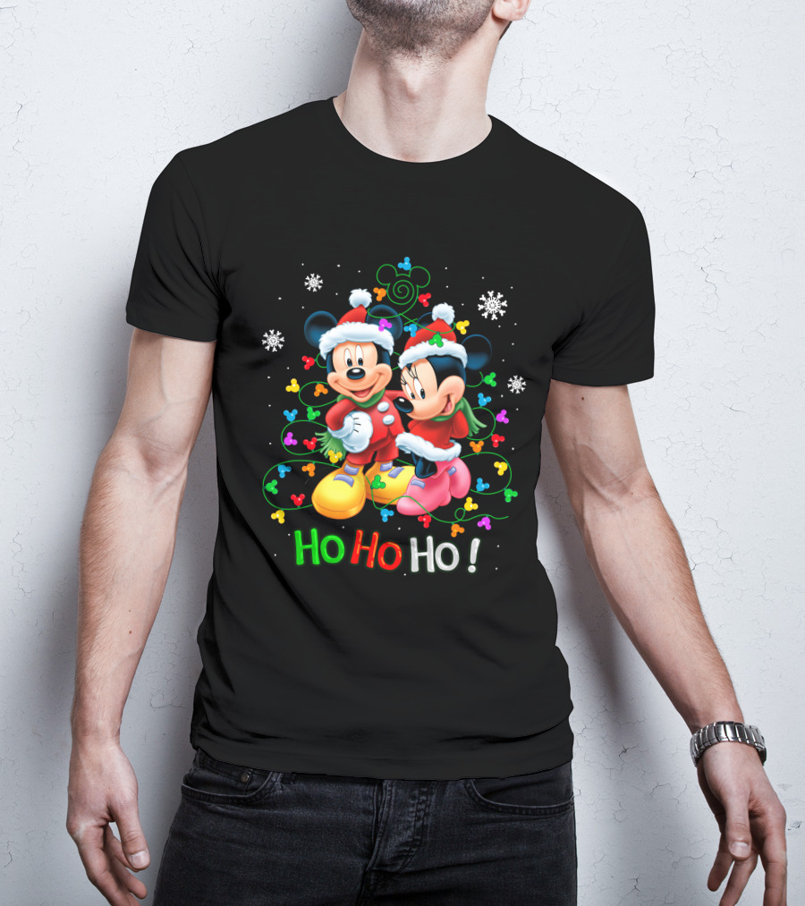 Mickey And Minnie Hohoho Christmas Santa Hats Snowflakes Holiday Tree Lights T-Shirt