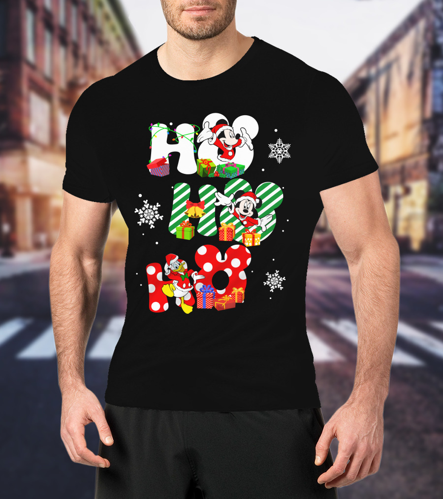 Mickey Mouse And Donald Duck Ho Ho Ho Christmas Snowflakes And Presents T-Shirt