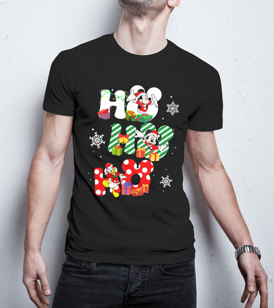 Mickey Mouse And Donald Duck Ho Ho Ho Christmas Snowflakes And Presents T-Shirt
