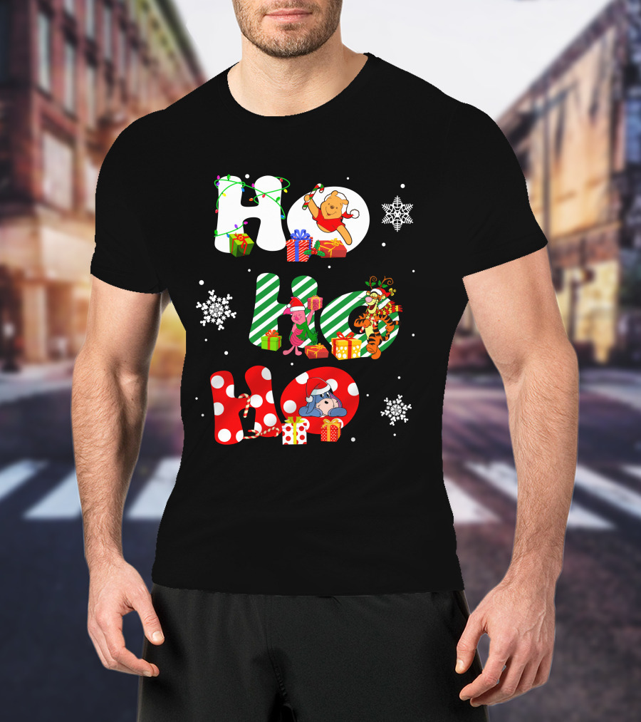 Ho Ho Ho Christmas Winnie The Pooh With Piglet Tigger Eeyore Holiday Snowflakes And Gifts T-Shirt