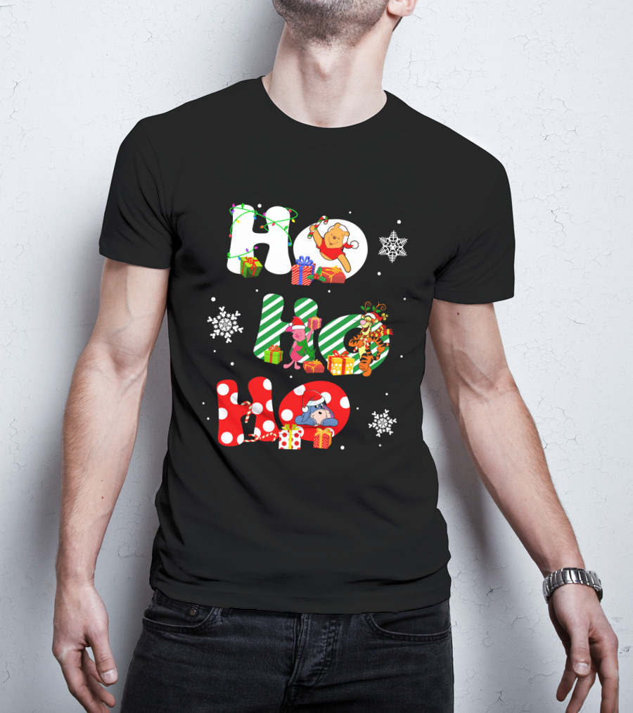 Ho Ho Ho Christmas Winnie The Pooh With Piglet Tigger Eeyore Holiday Snowflakes And Gifts T-Shirt