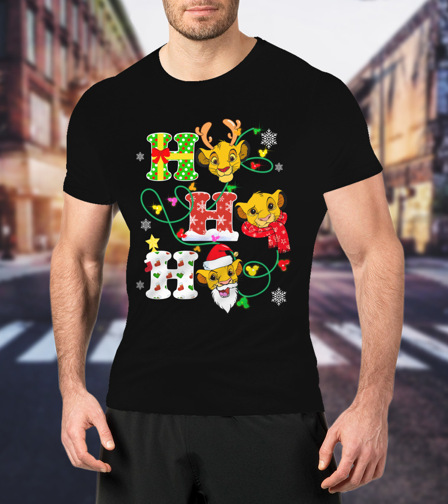 Simba Hohoho Christmas Holiday Festive Lion King Image With Santa Hat Reindeer Antlers Scarf Snowflakes T-Shirt