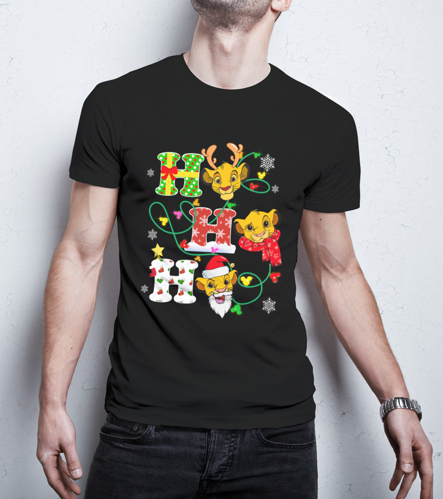 Simba Hohoho Christmas Holiday Festive Lion King Image With Santa Hat Reindeer Antlers Scarf Snowflakes T-Shirt