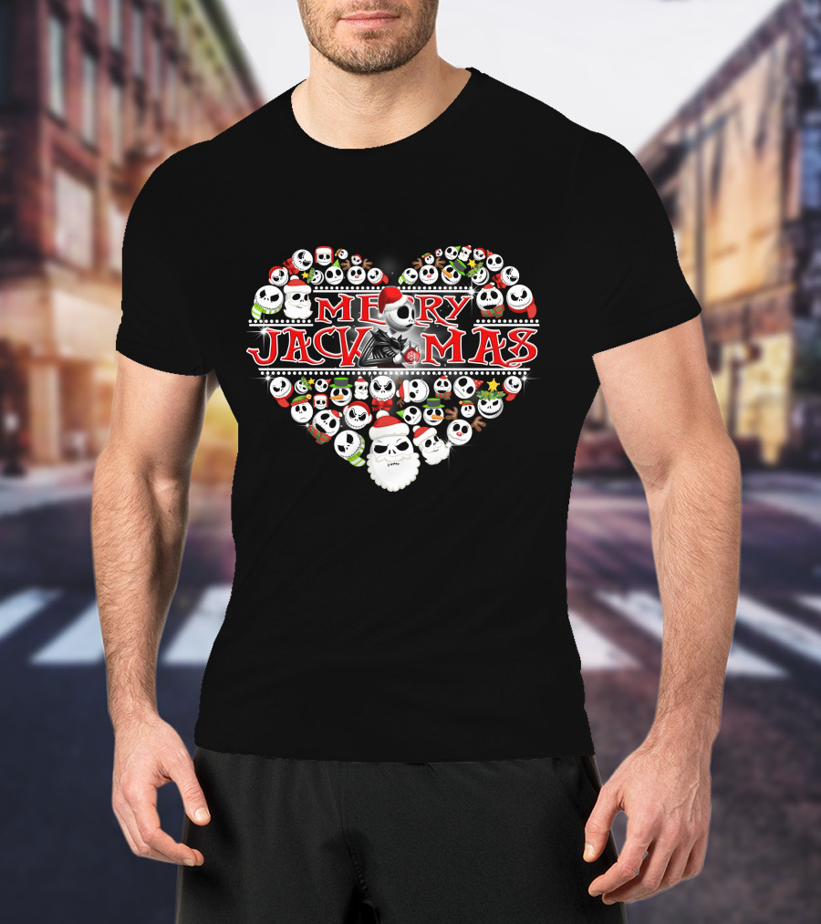 Merry Jackmas Heart Design With Santa Hats And Skulls T-Shirt