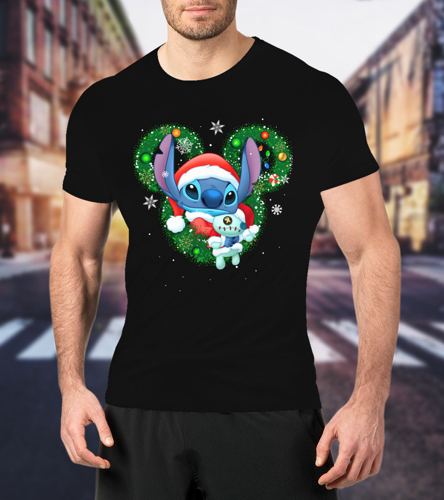 Stitch Christmas Santa Hat Holiday Wreath Snowflakes T-Shirt