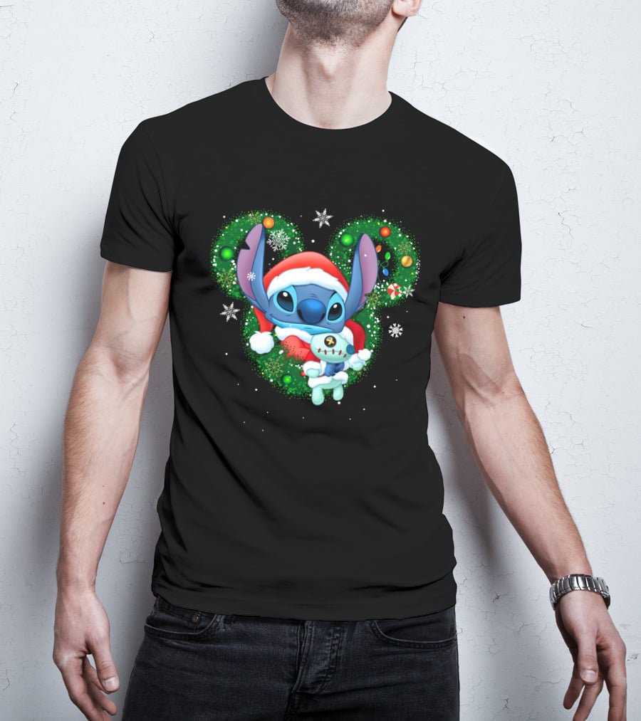 Stitch Christmas Santa Hat Holiday Wreath Snowflakes T-Shirt