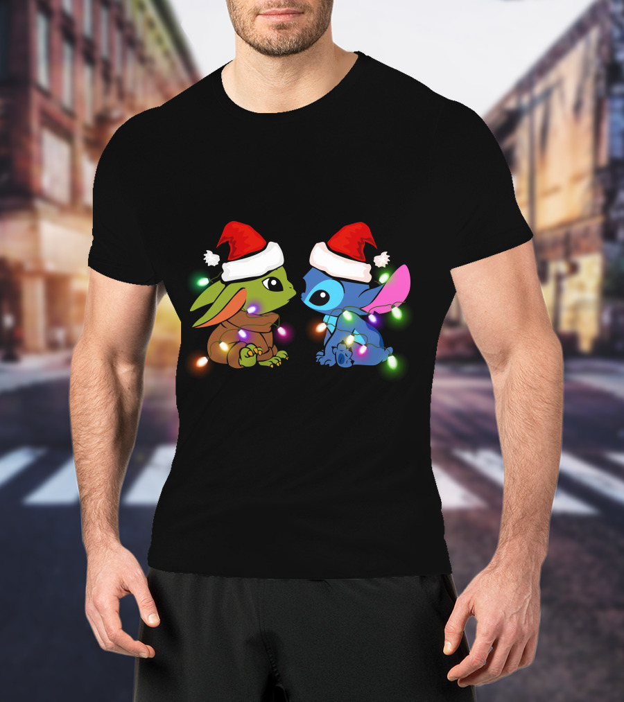 Baby Yoda And Stitch Christmas Lights Santa Hats T-Shirt