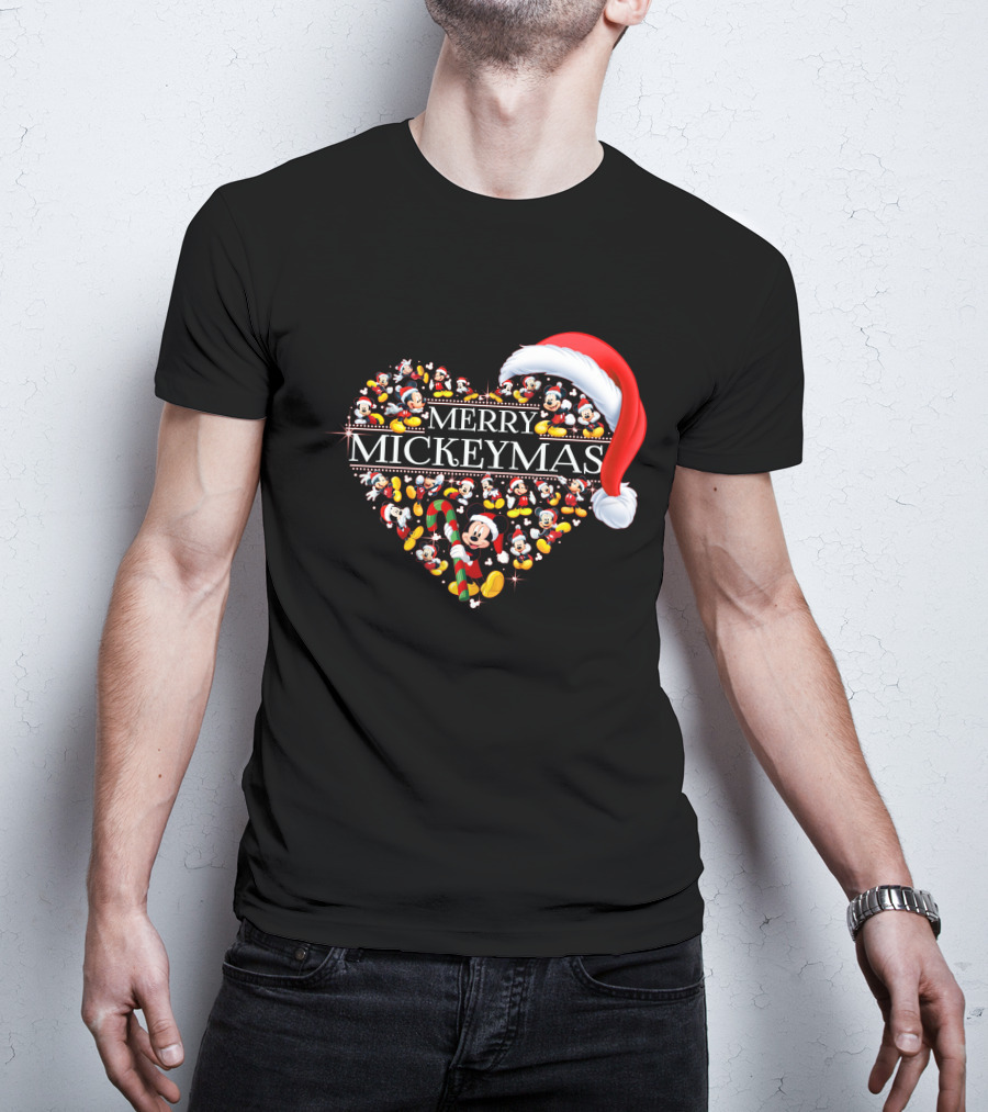 Merry Mickeymas Christmas Heart With Santa Hat And Mickey Characters T-Shirt