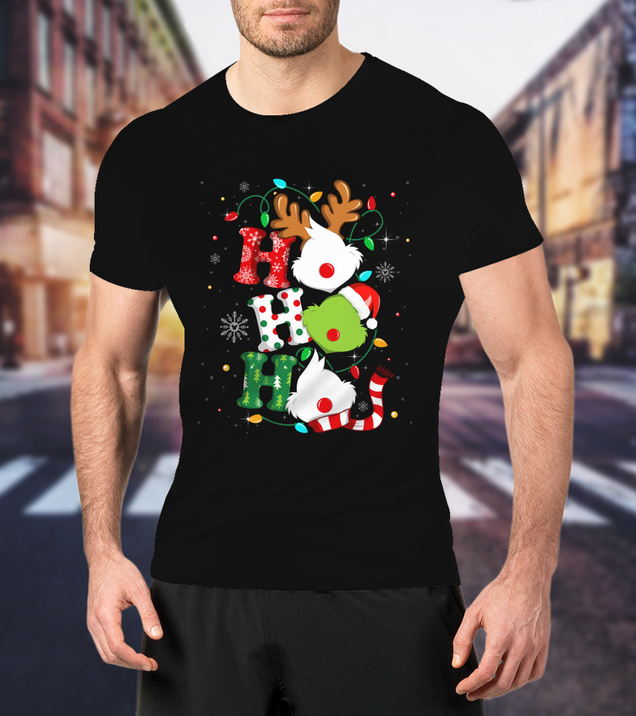 Grinch Ho Ho Ho Christmas Lights Reindeer Santa Hat Snowflakes T-Shirt