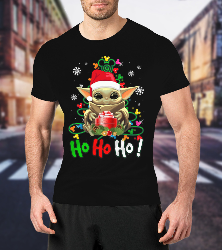 Ho Ho Ho Baby Yoda Christmas Santa Hat Gift Snowflakes T-Shirt